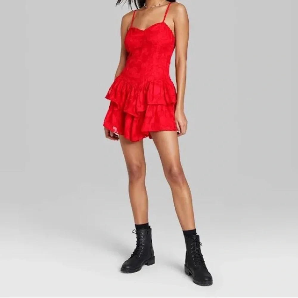 Wild Fable Tiered Jacquard Fit & Flare Red Mini Dress, xs - Picture 1 of 4